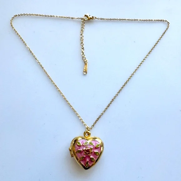 Pink Cloisonne Heart Locket Stainless Steel Hypoallergenic Necklace Chain #7009 - Picture 5 of 10